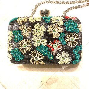 NWT Ritu Kumar Black Multi Color Flower Beaded on Leather Box Clutch
